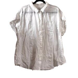 Lucky Brand White Button-Down Linen Shirt Womens 2X Relaxed Fit Short Sleeve Col